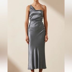 SHONA JOY LA LUNE ASYMMETRICAL BIAS COWL MIDI DRESS - BLUE SMOKE